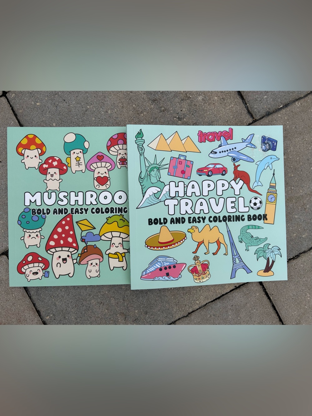NEW Happy Travel & Mushroom Adult Kids Bold and Easy Coloring Books